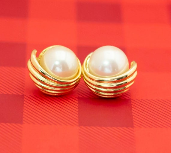 Vintage Victorian Pearl Gemstone Gold Tone Stud E… - image 1