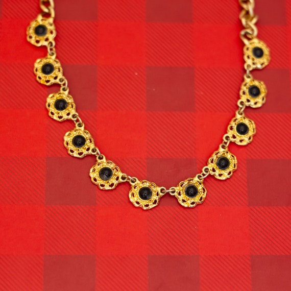 18 inch, Vintage Black Faux Gems Gold Tone Bib Ne… - image 1