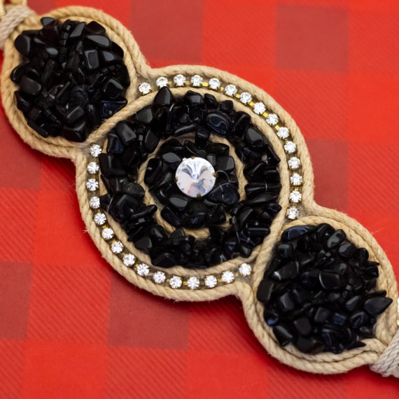 7 inch, Vintage Black Floral Rose Bracelet, Made i