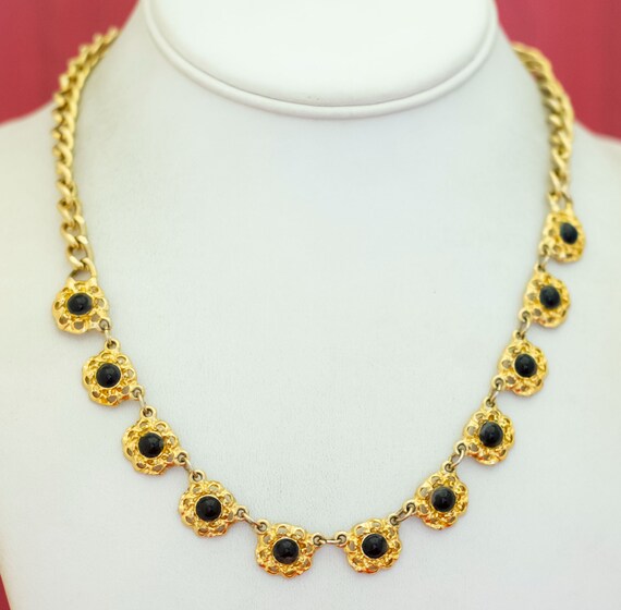 18 inch, Vintage Black Faux Gems Gold Tone Bib Ne… - image 2