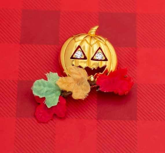 Vintage Art Nouveau Halloween Pumpkin Leaf Brooch… - image 1
