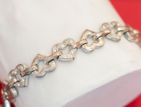 Vintage Heart Rhinestone Silver Tone Bracelet by Avon 7 3 4 Inches
