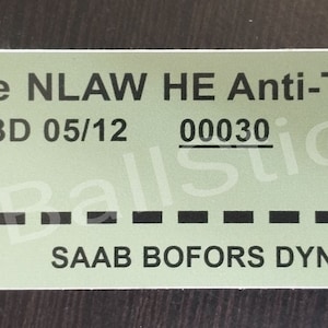 NLAW Anti-Tank Missile Part Number Sticker
