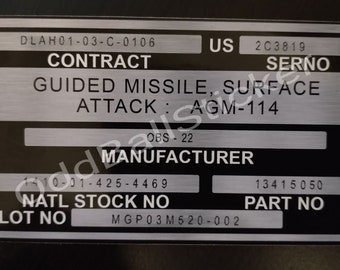 AGM-114 Hellfire Missile Part Number Sticker