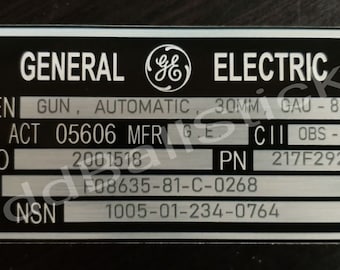 GAU-8 Avenger Autocannon Part Number Sticker