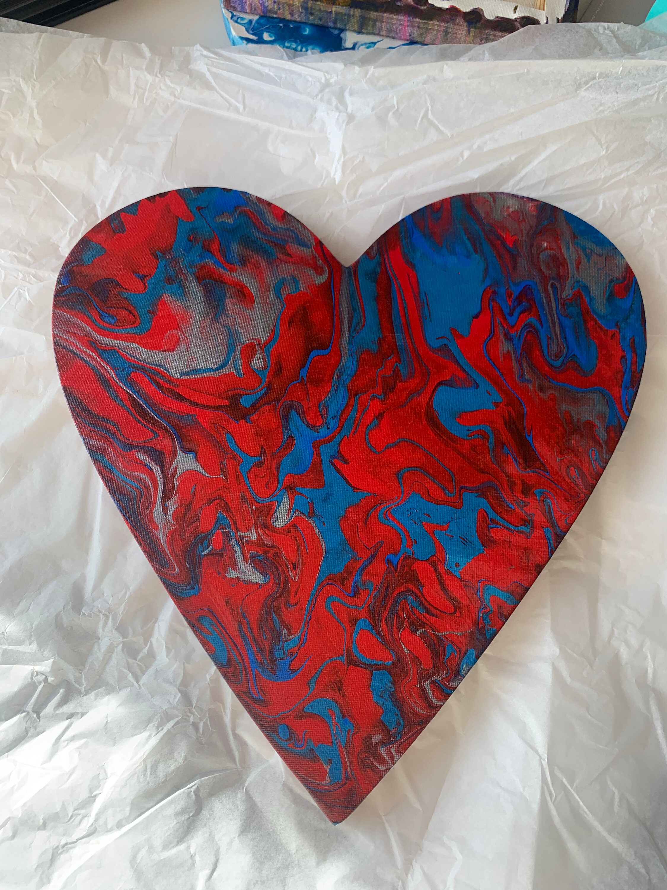 Acrylic Pouring Grand Cœur Rouge et Bleu