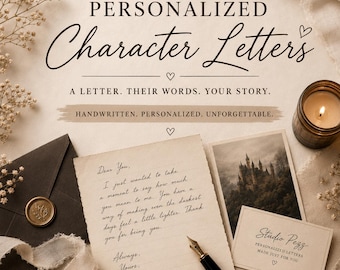 May include: A handwritten letter on aged paper with a black fountain pen, a dark envelope with a gold wax seal, a small card labeled Studio Pezz, and a photograph of a castle. Text reads: PERSONALIZED Character Letters, A LETTER. THEIR WORDS. YOUR STORY.
