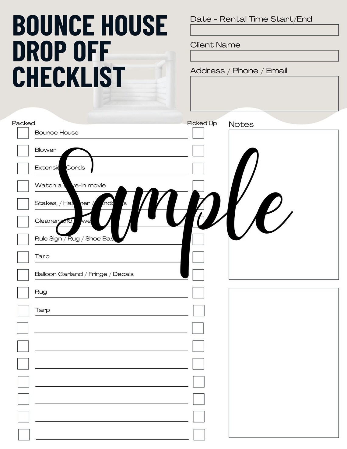 Bounce House Drop off Checklist, Printable Checklist, Bounce House