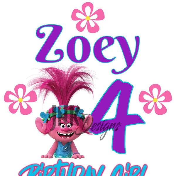 Trolls Poppy Chemise d’anniversaire PNG, Fer à repasser en transfert, Canva Design modifiable Fichier numérique personnalisé