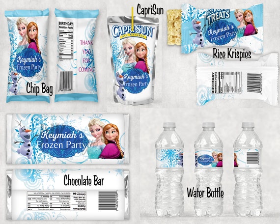 Frozen Party Favor 5pc Bundle Caprisun, Water Bottle, Chocolate Bar, Chip  Bag & Rice Krispies DIGITAL FILE ONLY 