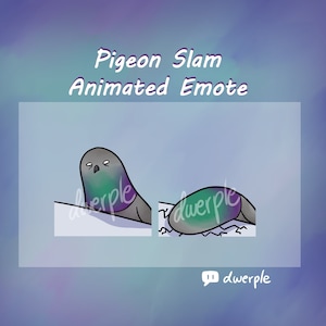 Puede incluir: Emoticono animado de una paloma que se estrella contra el suelo. La paloma es verde, morada y negra. El texto "Pigeon Slam Animated Emote" est&aacute; por encima de la paloma. El texto "dwerple" est&aacute; debajo de la paloma.