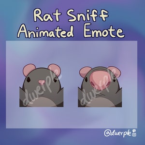 Puede incluir: Emoticono animado de una rata gris con orejas y nariz rosas que huele. La rata está mirando directamente al espectador. El emoticono se titula "Rat Sniff Animated Emote" y se atribuye a "@dwerpkle".