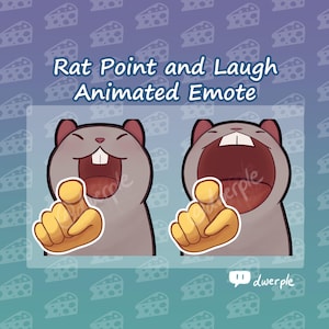 May include: Animated emote featuring two cartoon rats. The rats are gray with pink ears and open mouths, one pointing and the other laughing. The text "Rat Point and Laugh Animated Emote" is above the images.