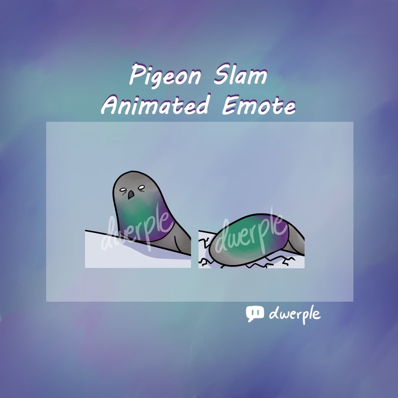 Puede incluir: Emoticono animado de una paloma que se estrella contra el suelo. La paloma es verde, morada y negra. El texto "Pigeon Slam Animated Emote" est&aacute; por encima de la paloma. El texto "dwerple" est&aacute; debajo de la paloma.
