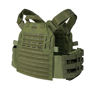 May include: A green tactical vest with adjustable straps and multiple MOLLE attachment points. The vest has a large front panel with a grid pattern and a smaller side panel with a similar pattern.