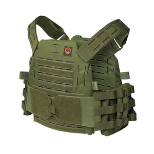 May include: A green tactical vest with adjustable straps and a MOLLE system for attaching pouches. The vest has a patch with the word "OPERATOR" on it.