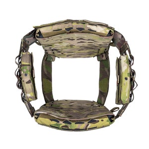 May include: A camouflage tactical vest with adjustable straps and multiple pouches. The vest is made of durable nylon and features a molle system for attaching additional gear.