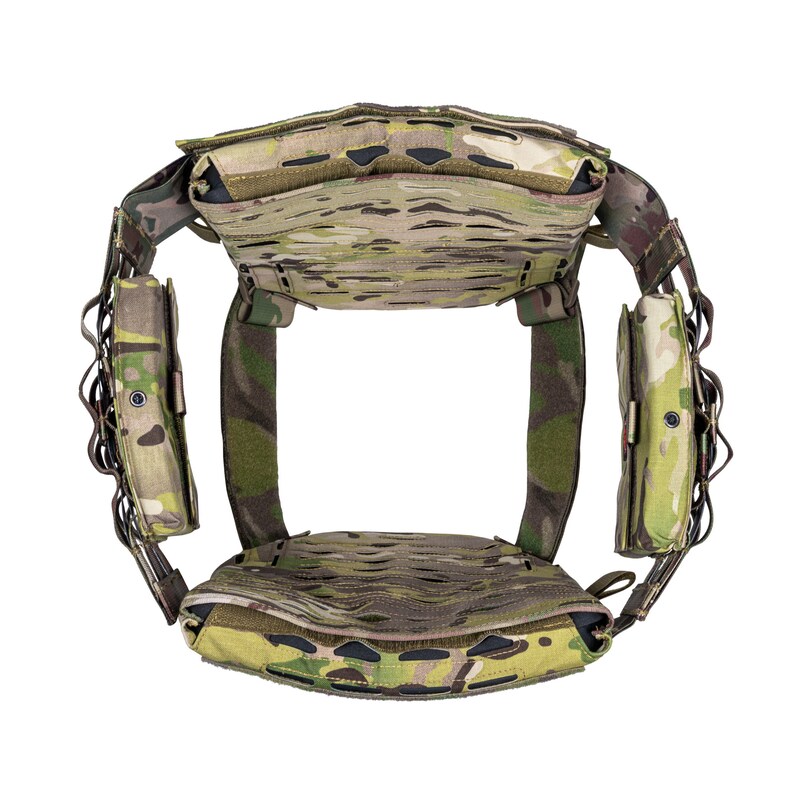 May include: A camouflage tactical vest with adjustable straps and multiple pouches. The vest is made of durable nylon and features a molle system for attaching additional gear.