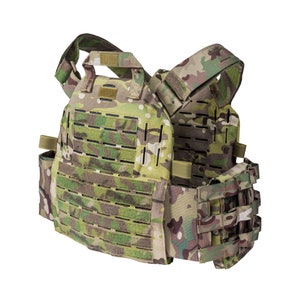 May include: A green and brown camouflage tactical vest with adjustable straps and a molle system for attaching pouches.