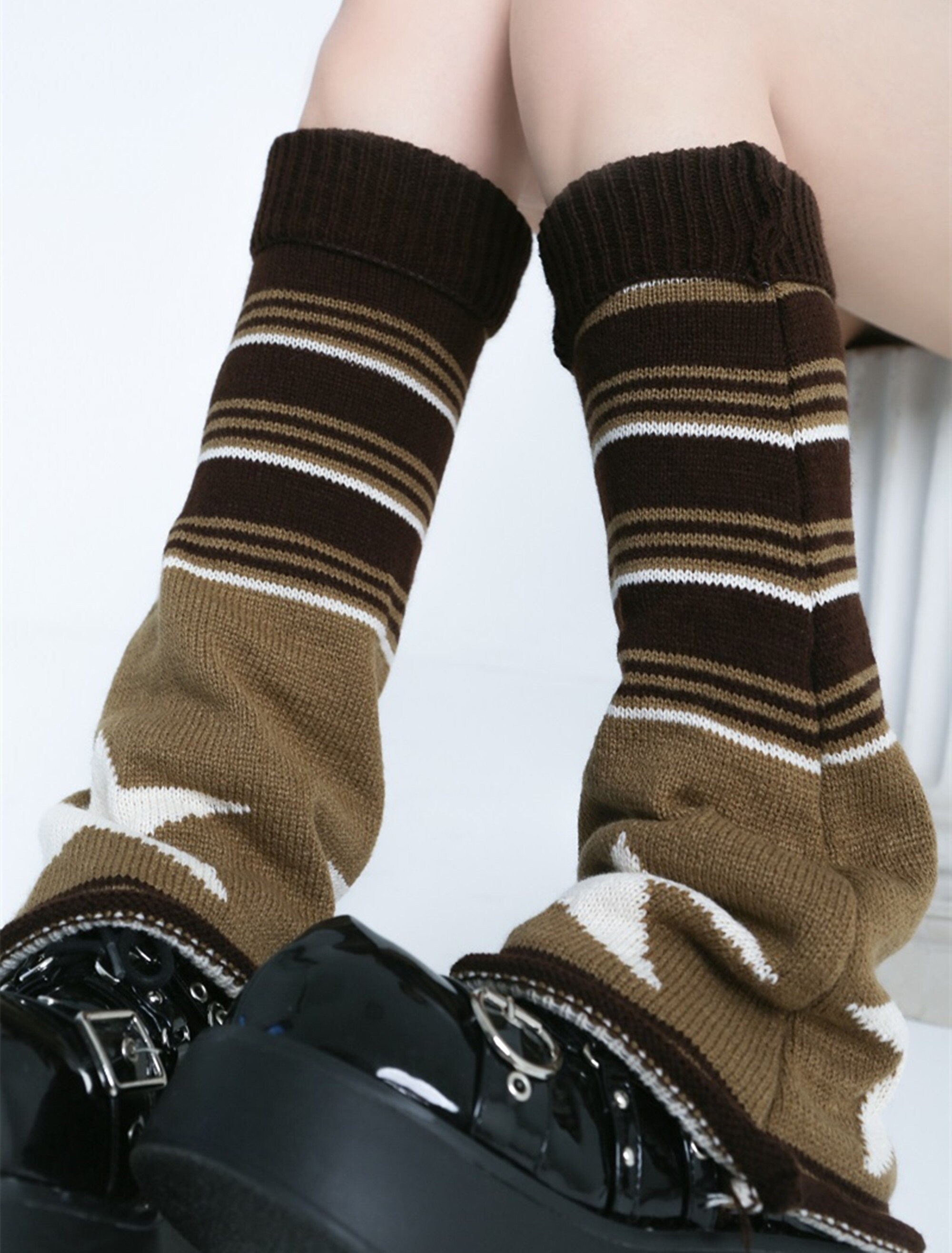 Brown Striped Star Reversible Leg Warmers Y2K Knitted Leg Etsy