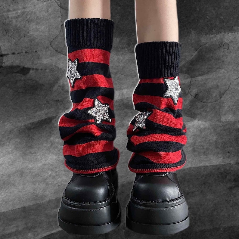 Y2K Harajuku Star Stripes Leg Warmers Women Knitted Leg Etsy