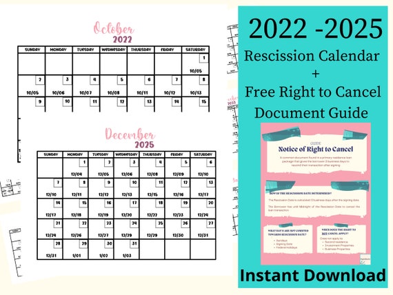 Svbf Calendar 2023 Rescission Calendar For Notary Signing Agents Loan Signing | Etsy