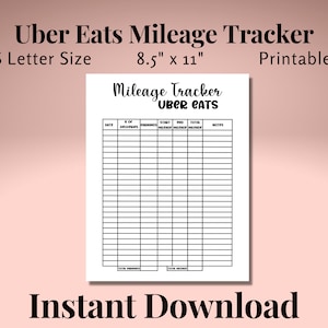Uber Eats Mileage Tracker Printable, Log Book Planner Steuern, Gig Apps, Tracker Zubehör, Lieferung Fahrer