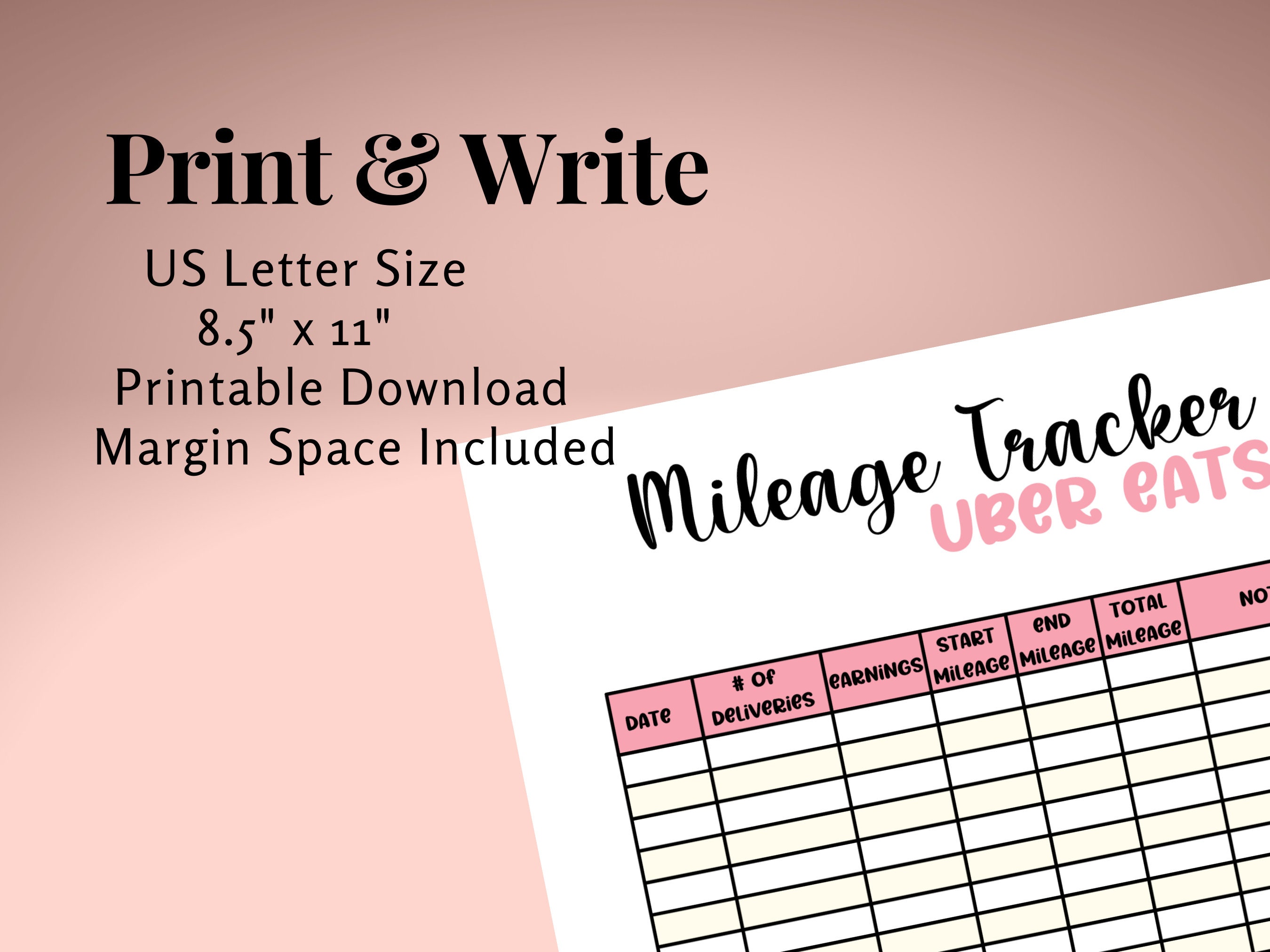 Uber Eats Mileage Tracker Bundle Printable, Log Book Planner Taxes, Gig ...