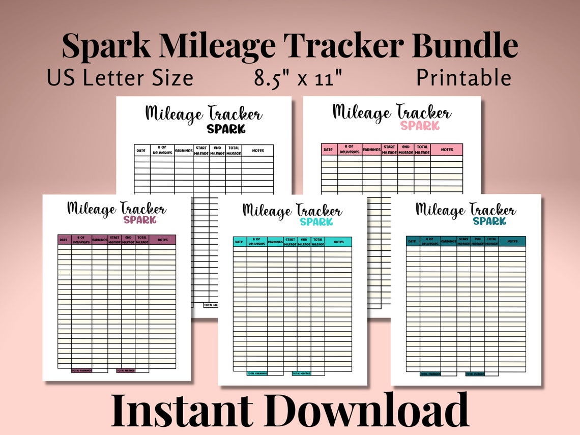Spark Mileage Tracker Bundle Printable, Log Book Planner Taxes, Gig Apps, Tracker Accessories