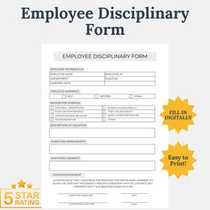 Employee Disciplinary Form | Fillable PDF & Printable Template | Professional HR Documentation Tool