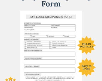 Employee Disciplinary Form | Fillable PDF & Printable Template | Professional HR Documentation Tool