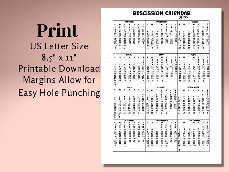 Rescission Calendar 2023 2023 Rescission Calendar Monthly Loan Signing Agents One Page | Etsy