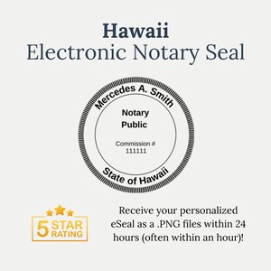 Puede incluir: Un sello de notario en blanco y negro con el texto "Mercedes A. Smith Notary Public Commission # 111111 State of Hawaii". El sello tiene una calificación de cinco estrellas.