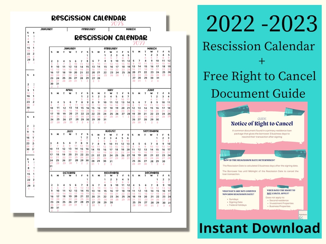 Rescission Calendar for Notary Signing Agents Loan Signing Etsy