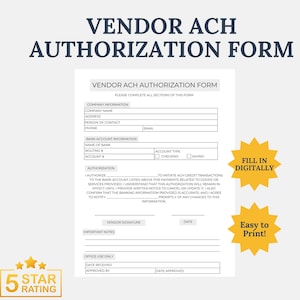 Vendor ACH Authorization Form | Fillable PDF & Printable Template | Secure Payment Setup for Vendors