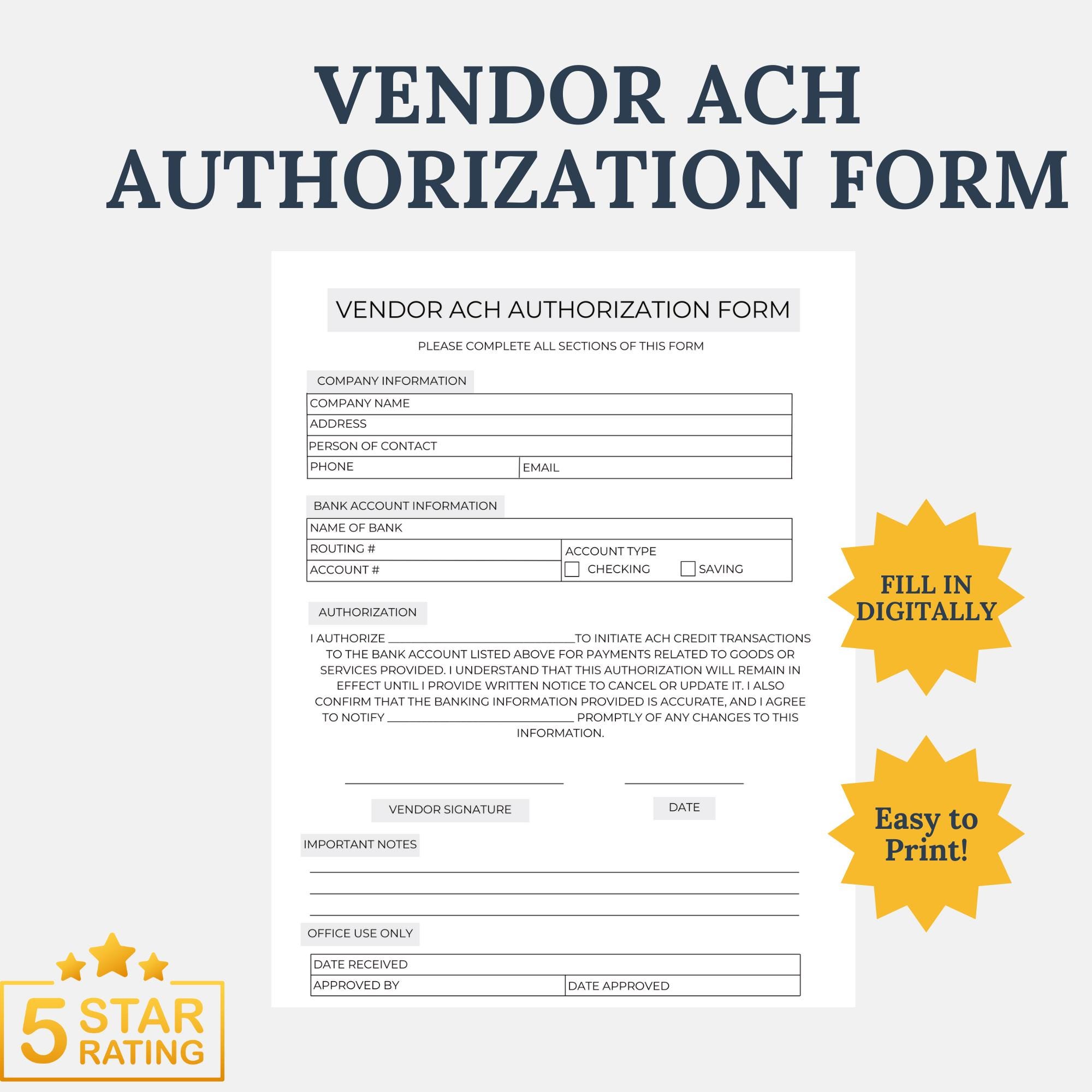 Vendor ACH Authorization Form Fillable PDF Printable Template