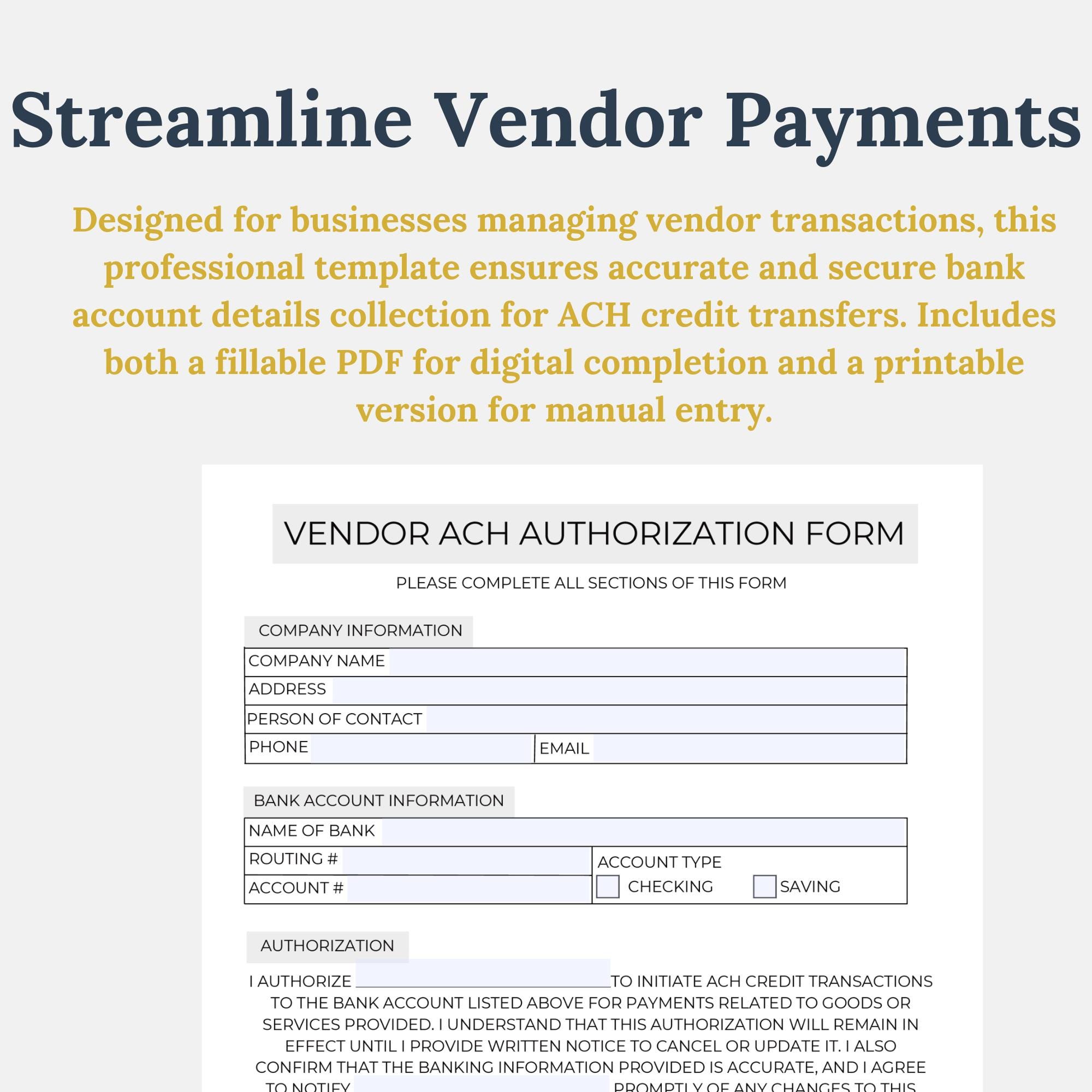 Vendor ACH Authorization Form Fillable PDF Printable Template