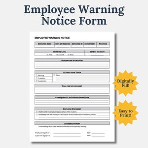 Könnte beinhalten: Ein druckbares Formular für eine Mitarbeiterwarnung mit Abschnitten für Mitarbeiterinformationen, Warnstufe, Beschreibung des Vorfalls, zu treffende Maßnahmen, Verbesserungsplan, Folgen weiterer Verstöße, Mitarbeitererklärung und Bestätigung. Das Formular ist für die digitale Ausfüllung und den Ausdruck konzipiert.