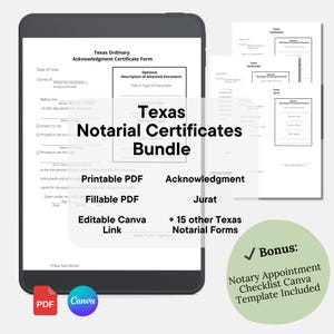 Texas Notarial Certificate Bundle | 17 Forms | PDF, Fillable PDF & Canva Template