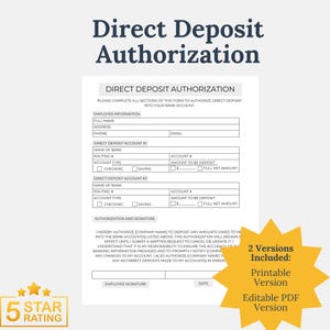 Op de afbeelding: Een printbaar direct deposit autorisatieformulier met velden voor werknemersinformatie, bankrekeninggegevens en autorisatie en handtekening. Het formulier bevat instructies om alle secties in te vullen om direct deposit naar uw bankrekening te autoriseren.