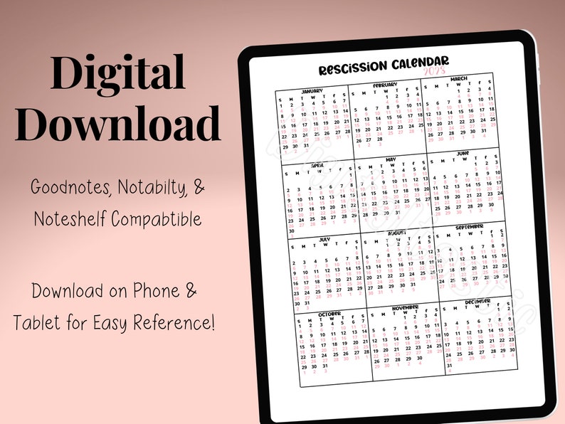 Rescission Calendar 2023 2023 Rescission Calendar Monthly Loan Signing Agents One Page | Etsy