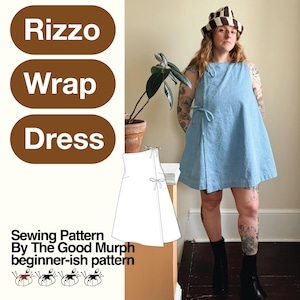 May include: A light blue sleeveless wrap dress with side tie closures. The image includes text reading Rizzo Wrap Dress, Sewing Pattern By The Good Murph beginner-ish pattern, and a black and white line drawing of the dress pattern design.