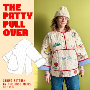 Op de afbeelding: Crèmekleurige gewatteerde jas met rode bies en blauw gestreepte manchetten, versierd met geborduurde illustraties en de tekst "Thank You". Er wordt een bijpassende gebreide muts gedragen. De afbeelding toont ook een naaipatroon.