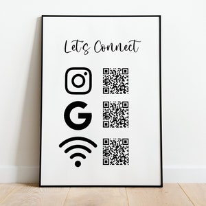 Puede incluir: Un póster enmarcado con el texto "Let's Connect" y tres iconos de redes sociales: Instagram, Google y un símbolo de Wi-Fi. Cada icono está emparejado con un código QR en blanco y negro.