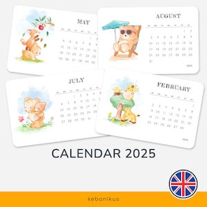 Kinderkalender 2025 in het Engels - 12 geïllustreerde maandkaarten - Educatief decor voor kinderen - Decoratie en leren - maandag en zondag