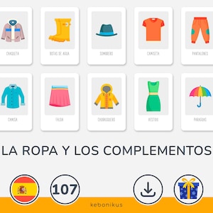 May include: A set of 10 colorful illustrations of clothing and accessories, including a jacket, rain boots, hat, t-shirt, pants, shirt, skirt, raincoat, dress, and umbrella. The text "LA ROPA Y LOS COMPLEMENTOS" is at the bottom of the image.