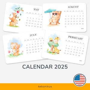 Calendario per bambini 2025 in inglese - 12 schede mensili illustrate - Decorazioni educative per bambini - Decorazione e apprendimento - Lunedì e domenica