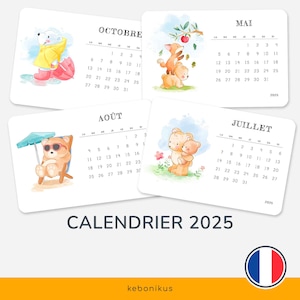 Calendrier Enfant 2025 en Français - 12 Cartes de Mois Illustrées - Décoration Éducative pour Enfants - Décoration et Éducation