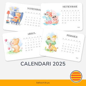 Calendari Infantil 2025 in Català / 12 Targetes dels Mesos amb Disseny Il·lustrat / Decoració Educativa per a Nens / Decoració i Educació