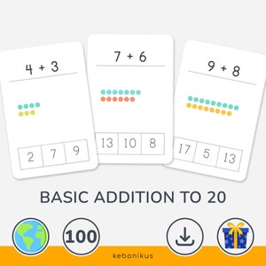 Carte didattiche di base per l'addizione fino a 20 per bambini: scarica 100 carte di addizione ispirate al metodo Montessori per imparare divertendosi a casa